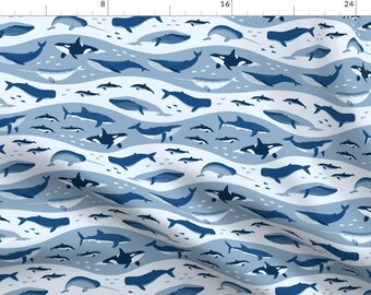 Whales Swimming Fabric - Whale Songs Ocean By Nadyabasos - Whales Blue Nautical Animals Migrating Cotton Fabric By The Yard With Spoonflower