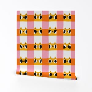 Tapeta Cat Checks Removable Peel and Stick - Gingham Animals Cartoon Funny - Wall Art Wall Decor - Check It Out Meow autorstwa stolenpencil