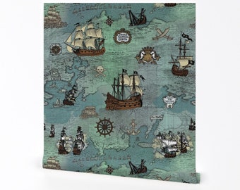 Pirate Wallpaper - Pirate Ships Map Blue Big Repeat By Teja Jamilla - Custom Printed Removable Self Adhesive Wallpaper Roll by Spoonflower