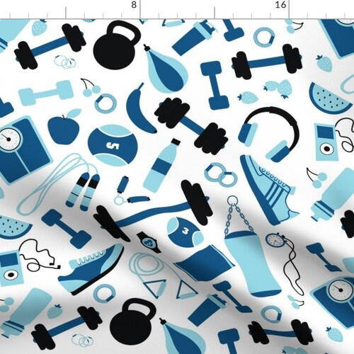 Blue Gym Equipment Fabric Time to Hit the Gym by Vintage Etsy