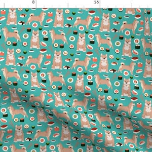 Shiba Sushi Fabric - Tan Shiba Inu And Sushi Novelty Dogs And Food - Blue By Petfriendly - Cotton Fabric by the Yard with Spoonflower