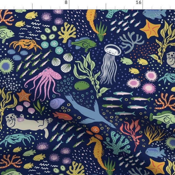 Sea Life Fabric - My Pacific Ocean by thatpolymath_shellym - Blue Under The Sea Coastal Marine Ocean Fabric by the Yard by Spoonflower