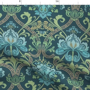 Art Nouveau Fabric - Cornelia Damask by peacoquettedesigns - Vintage Blue Green Victorian Edwardian Floral Fabric by the Yard by Spoonflower
