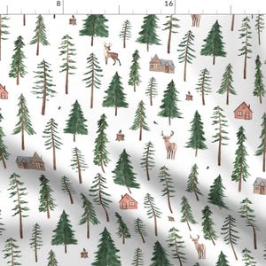 Christmas Fabric - Winter Log Cabin In The Forest! By Elena O&#39;Neill Illustration - Christmas Cotton Fabric By The Yard With Spoonflower