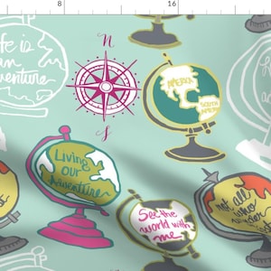 Globes Fabric - Global Toss By Limezinniasdesign - Globes World Maps Adventure Blue Green Cotton Fabric By The Yard With Spoonflower