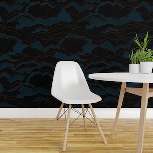 Dark Clouds Peel and Stick Wallpaper - Night Sky Blue Black Mysterious Navy Indigo - Removable Wall Decor Art - Dark And Moody by fischkandi