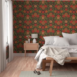 Vintage Garden Peel and Stick Wallpaper - Green Red Orange Victorian Floral - Removable Wall Decor Art - Botanical Pattern by somecallmebeth image 5