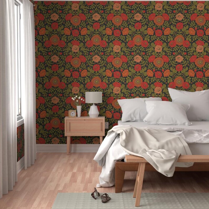 Vintage Garden Peel and Stick Wallpaper - Green Red Orange Victorian Floral - Removable Wall Decor Art - Botanical Pattern by somecallmebeth image 5