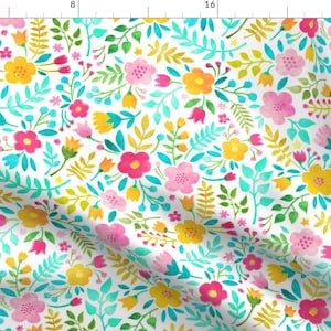 Bold Watercolor Floral Fabric - Watercolour Floral Doodle Pink Yellow By Caja Design - Watercolor Cotton Fabric By The Yard With Spoonflower