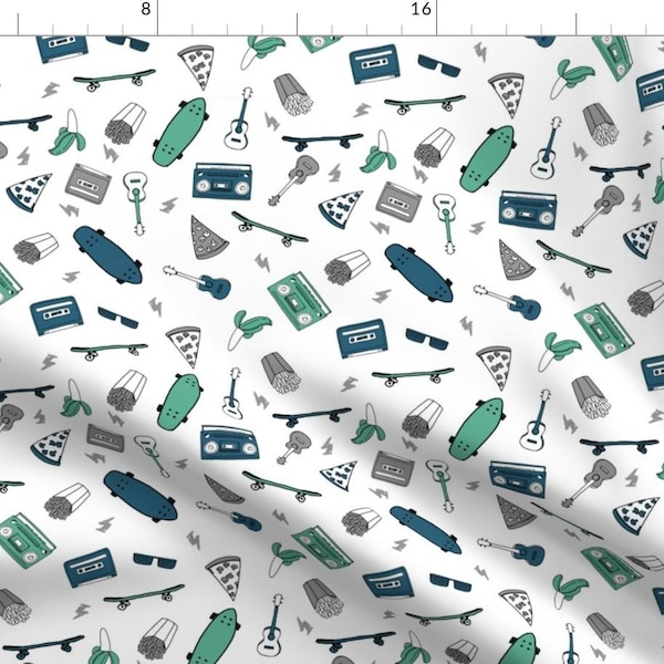 Skate Fabric - Skateboard And Pizza Fabric 90s 80s Retro Kids Blue And Green By Andrea Lauren - Cotton Fabric By The Yard With Spoonflower