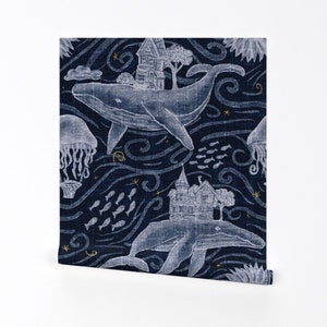 Whimsical Wallpaper - Undersea Nights by jenkb - Sky Nautical Ocean Jellyfish Whale Removable Peel and Stick Wallpaper by Spoonflower image 2