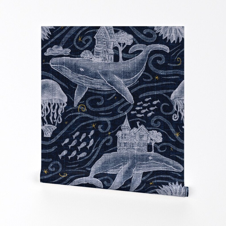 Whimsical Wallpaper - Undersea Nights by jenkb - Sky Nautical Ocean Jellyfish Whale Removable Peel and Stick Wallpaper by Spoonflower image 2