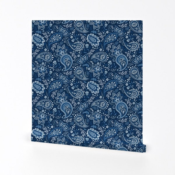 Paisley Wallpaper - Blue Soma Paisley By Oppositedge - Blue Tonal Paisley Moroccan Removable Self Adhesive Wallpaper Roll by Spoonflower