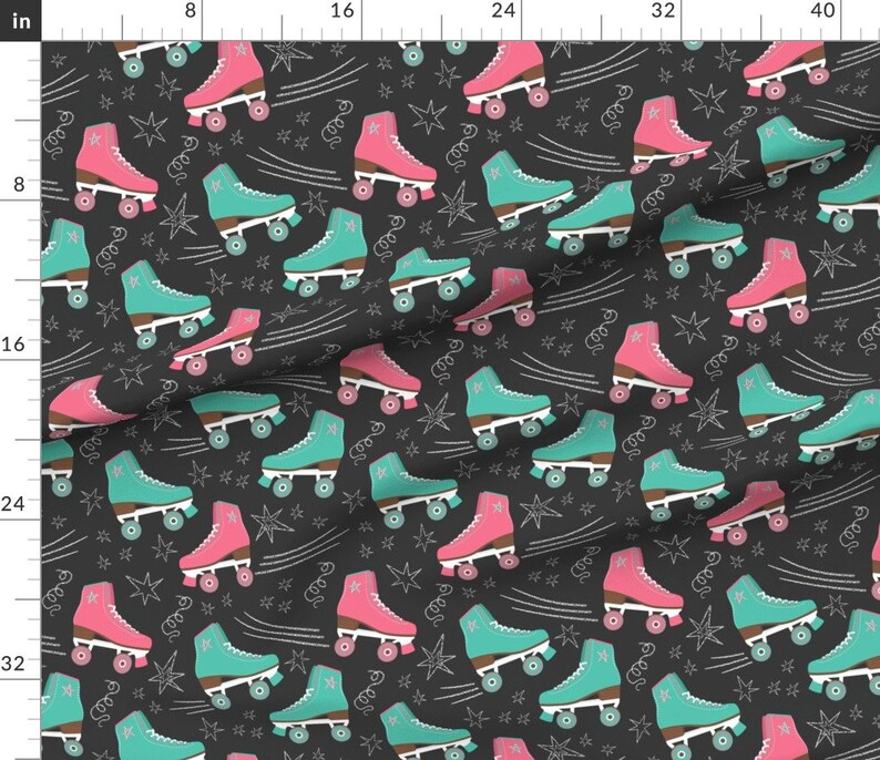 Roller Skating Fabric Retro Roller Rink Nostalgia Pink Teal Etsy