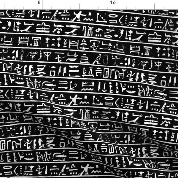Ancient Egypt Fabric - Egyptian Hieroglyphics On Black - Small By Thin Line Textiles - Symbols Cotton Fabric by the Yard With Spoonflower
