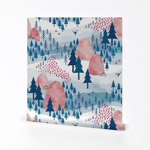 Forest Wallpaper - Mountain Paths By Adenaj -Pink Blue Nature Pine Trees Outdoors Lake Removable Self Adhesive Wallpaper Roll by Spoonflower