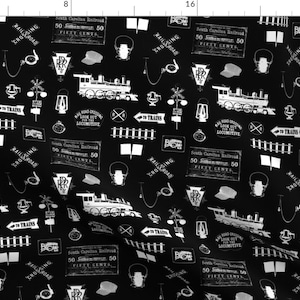 Trains and Railroad Fabric - Railroad Symbols On Black By Thin Line Textiles - Railroad Train Cotton Fabric By The Yard With Spoonflower