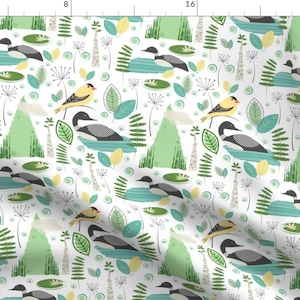 Lake Birds Fabric - Day At My Lake By Hali Macdesign - Goldfinch Loon Waterfowl Wild Bird Birding Cotton Fabric By The Yard With Spoonflower
