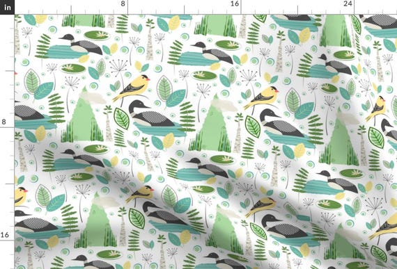 Lake Birds Fabric - Day At My Lake By Hali Macdesign - Goldfinch Loon Waterfowl Wild Bird Birding Cotton Fabric By The Yard With Spoonflower
