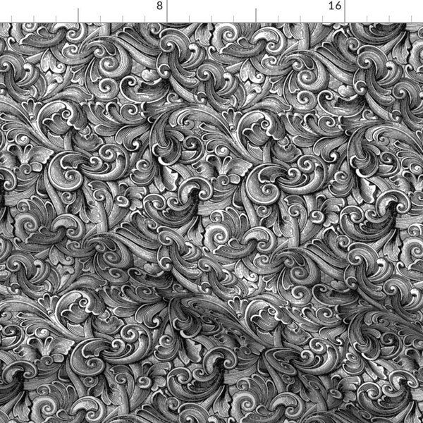 Flourish Fabric - Engraved Swirls 3 Black-White By Wrapartist - Flourish Victorian Grey Swirl Cotton Fabric By The Yard With Spoonflower