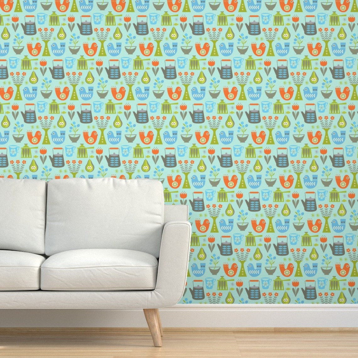 Kitchen Wallpaper Cooking on Blue by Studiojenny Mid Mod | Etsy