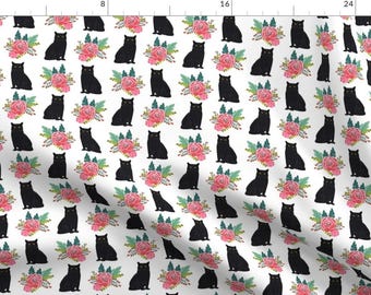 Black Cat Fabric - Black Cat Florals Vintage Fabric By Petfriendly - Cat and flower Cotton Fabric by the Yard with Spoonflower