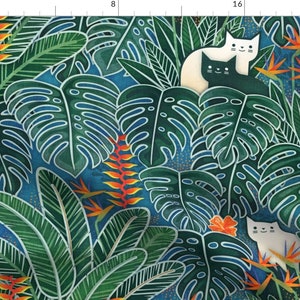 Monstera Cats Fabric - Tropical Cats Large Cat In Hawaiian Garden By Patricia Lima - Aloha Large Cotton Fabric by the Yard with Spoonflower