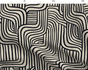 Modern Fabric - Modern Maze Mudcloth by michele_norris - Geometric Black And Beige Neutral Waves Linear  Fabric by the Yard by Spoonflower
