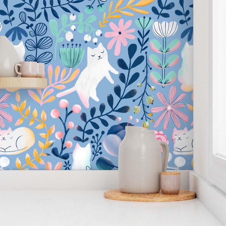 Floral Cats Wallpaper - Spring-Cats By Kostolom3000 - Blue Pink Kids Whimsical Kitten Removable Self Adhesive Wallpaper Roll by Spoonflower image 7