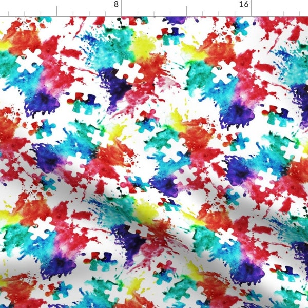 Puzzle Fabric - Puzzle Piece Watercolor Splatter By Littlearrowdesign - Puzzle Piece Rainbow Cotton Fabric by the Yard with Spoonflower