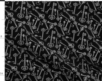 Skeleton Key Fabric - Stylized Antique Keys On Black - Small (2.5") By Thin Line Textiles - Keys Cotton Fabric by the Yard With Spoonflower