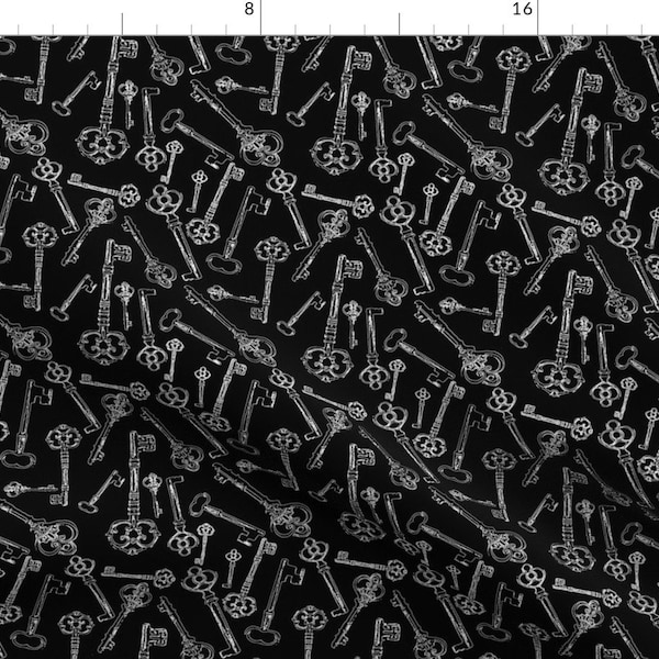 Skeleton Key Fabric - Stylized Antique Keys On Black - Small (2.5") By Thin Line Textiles - Keys Cotton Fabric by the Yard With Spoonflower