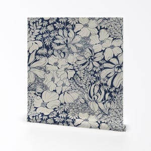 Floral Removable Peel and Stick Wallpaper - Modern Botanical Dark Blue Cream Flowers  - Wall Art Wall Decor - Jumbo Floral Flow by lidiebug