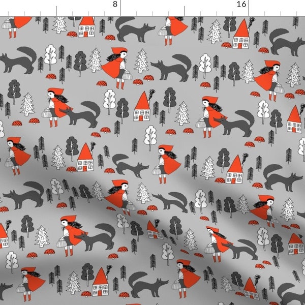 Gray Fabric - Red Riding Hood - Slate By Andrea Lauren - Gray Red Little Red Riding Hood Wolf Cotton Fabric By The Yard With Spoonflower