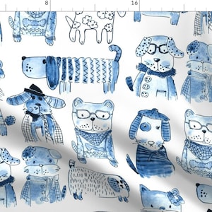 Blue Watercolor Animal Dog Fabric - Dog Monochrome Jazz Blues By Mimipinto - Dog Pattern Blue Cotton Fabric By The Yard With Spoonflower