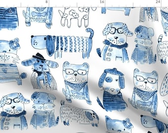 Blue Watercolor Animal Dog Fabric - Dog Monochrome Jazz Blues By Mimipinto - Dog Pattern Blue Cotton Fabric By The Yard With Spoonflower