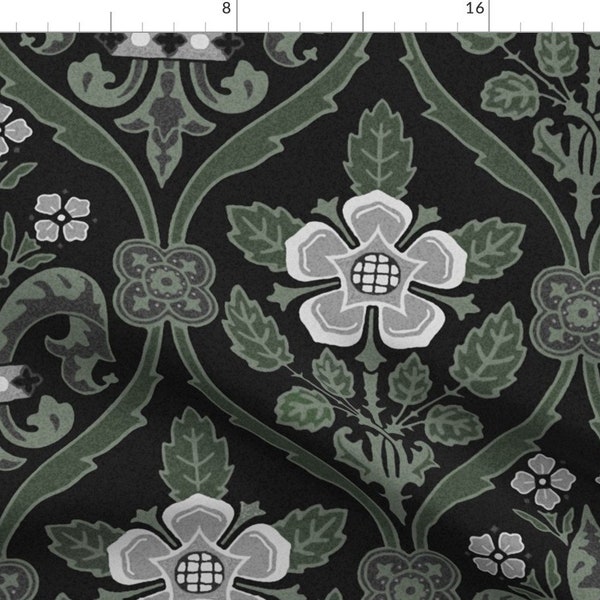Black Damask Fabric - Gothic Revival by red_tansy - Roses And Lilies Gray Green On Black Winter Halloween Fabric by the Yard by Spoonflower