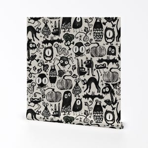 Monster Wallpaper - Gothic Halloween Monsters By Mint Tulips - Black Gray Kids Spooky Removable Self Adhesive Wallpaper Roll by Spoonflower