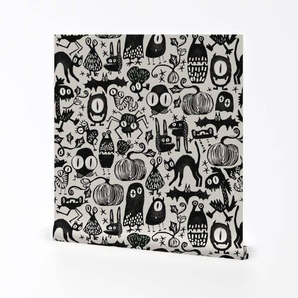 Carta da parati Monster - Mostri gotici di Halloween di Mint Tulips - Rotolo di carta da parati autoadesiva rimovibile spettrale nera e grigia per bambini di Spoonflower