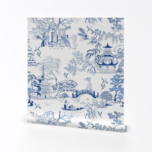 Chinoiserie Wallpaper - Japanese Pagodas By Unalome Designs - Toile Custom Printed Removable Self Adhesive Wallpaper Roll by Spoonflower