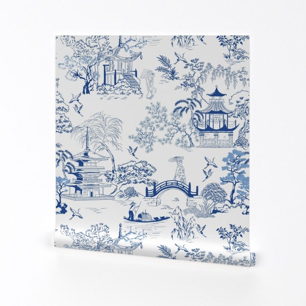 Papier peint chinoiseries - pagodes japonaises par Unalome Designs - rouleau de papier peint auto-adhésif amovible imprimé personnalisé toile par Spoonflower