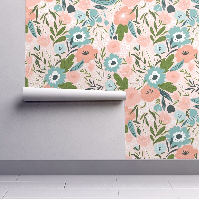 Girl/'s Room Pink Custom Printed Removable Self Adhesive Wallpaper Roll by Spoonflower Floral Wallpaper Spring Flowers By Alenkakarabanova