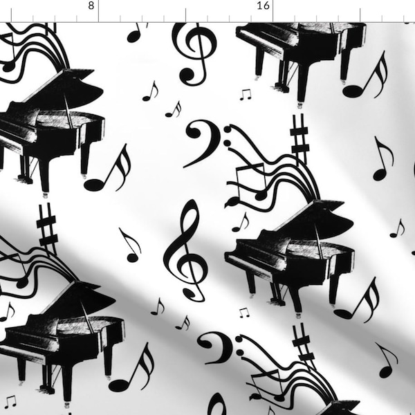 Black And White Piano Fabric - Piano Music By Leahvanlutz - Black And White Grand Piano Music Cotton Fabric By The Yard With Spoonflower