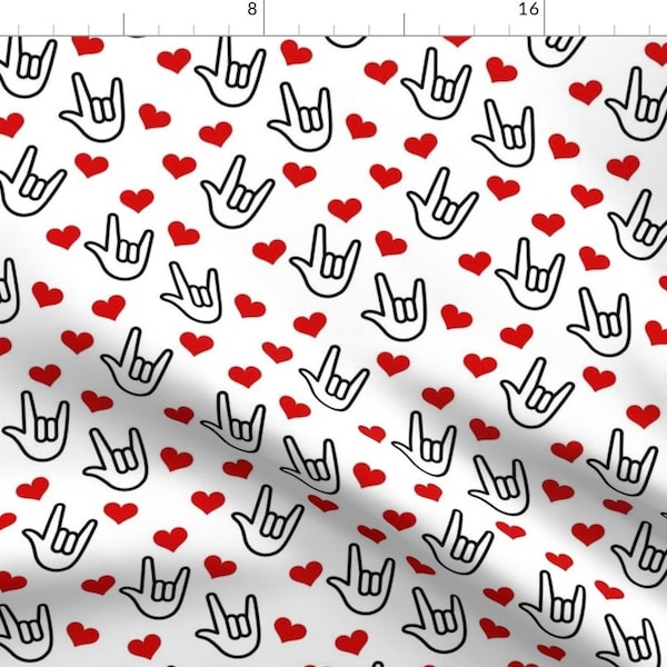 Asl I Love You Red Black Fabric - Tossed I Love You By Sunshineandspoons - Asl Love Sign Language Cotton Fabric By The Yard With Spoonflower