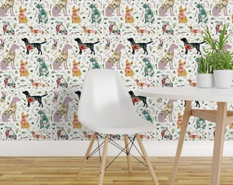 Floral Peel and Stick Wallpaper - Whimsical Dogs Nature Watercolor  - Removable Wall Decor Art - Large Patchwork Dogs by shopcabin