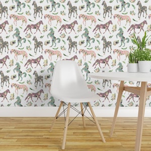 Floral Horses Wallpaper - Floral Patchwork Horses By Karolina Papiez - Custom Printed Removable Self Adhesive Wallpaper Roll by Spoonflower