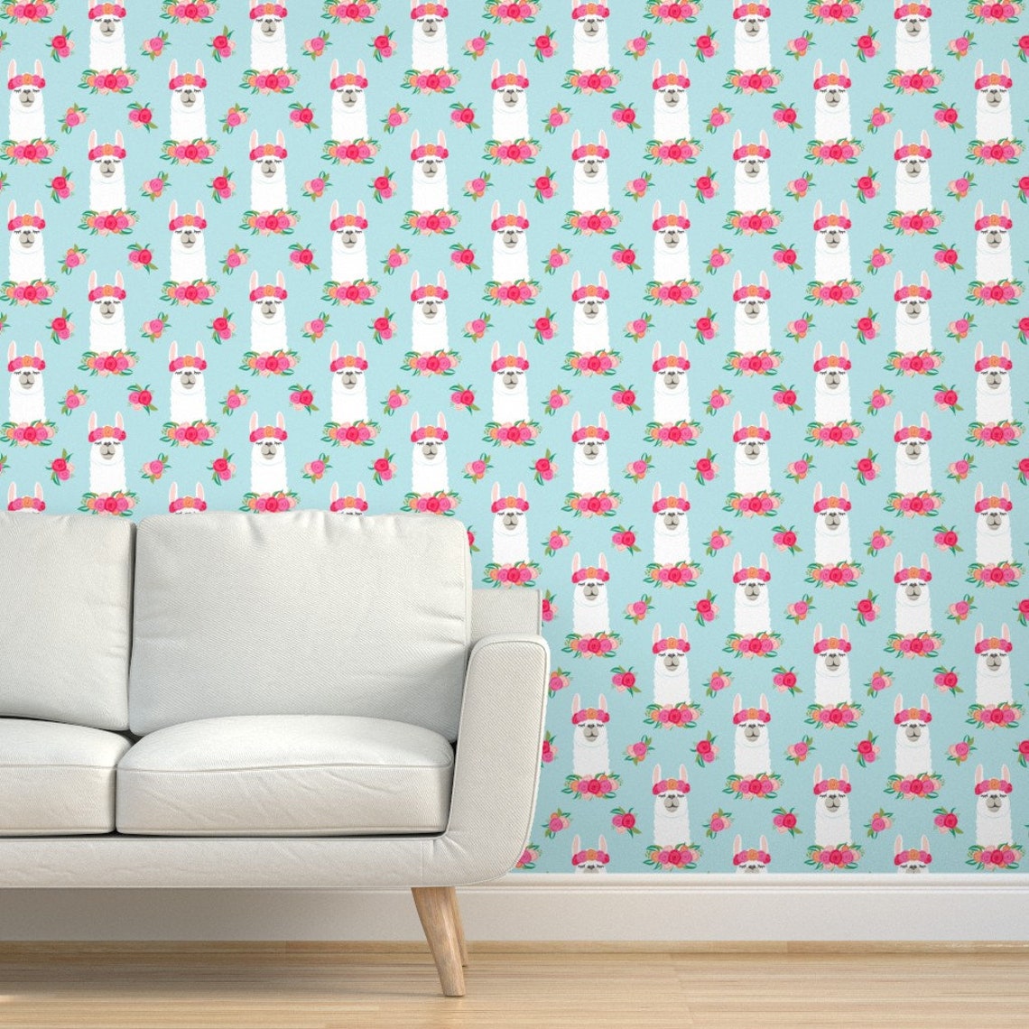 Llama Wallpaper Floral Llama by Littlearrowdesign Blue - Etsy
