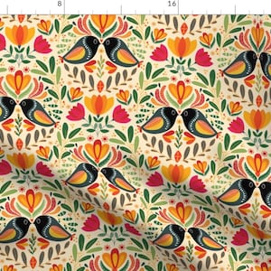 May include: A seamless pattern featuring stylised birds, flowers, and leaves in a vibrant colour palette of orange, yellow, red, green, and black on a cream background.