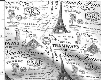 Black Fabric - Vintage Paris By Andrea Haase Design - Black White Typography Vintage Paris Cotton Fabric By The Yard With Spoonflower