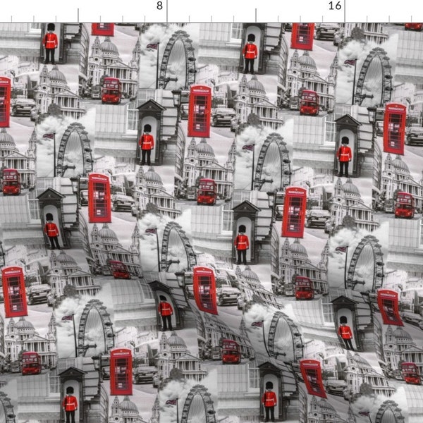 United Kingdom Fabric - London In Gray And Red By Stofftoy - London Black White Red UK Britain Cotton Fabric By The Yard With Spoonflower